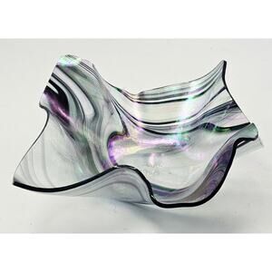 Vintage Iridescent Art Glass Handkerchief Bowl Candy Dish Signed 2006